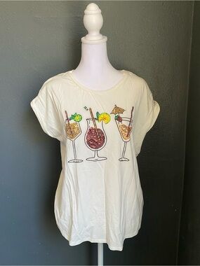 Mesh + Love Cream Sequin Cocktail Graphic Tee M Cuffed Sleeves Tropical Eclectic